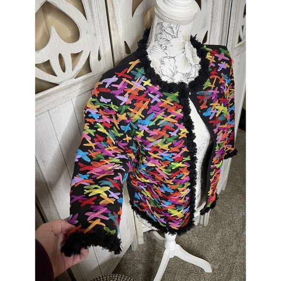 Vintage Michael Simon Woven Ribbons Cardigan Sweater Rainbow Women’s Medium - Picture 3 of 10